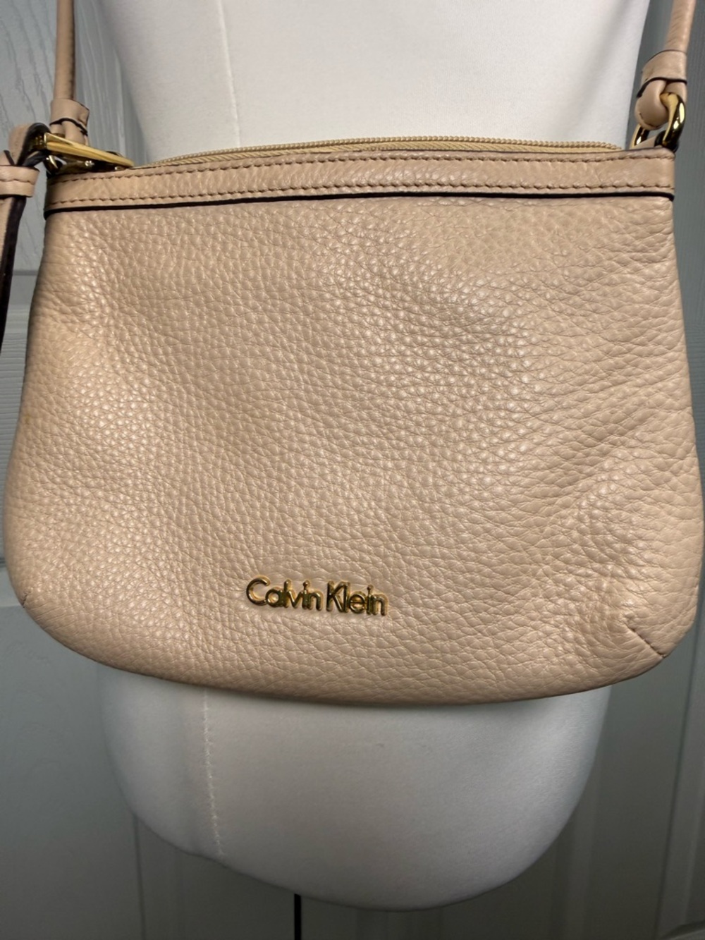 Calvin Klein Pebbled Leather Crossbody in Beige
